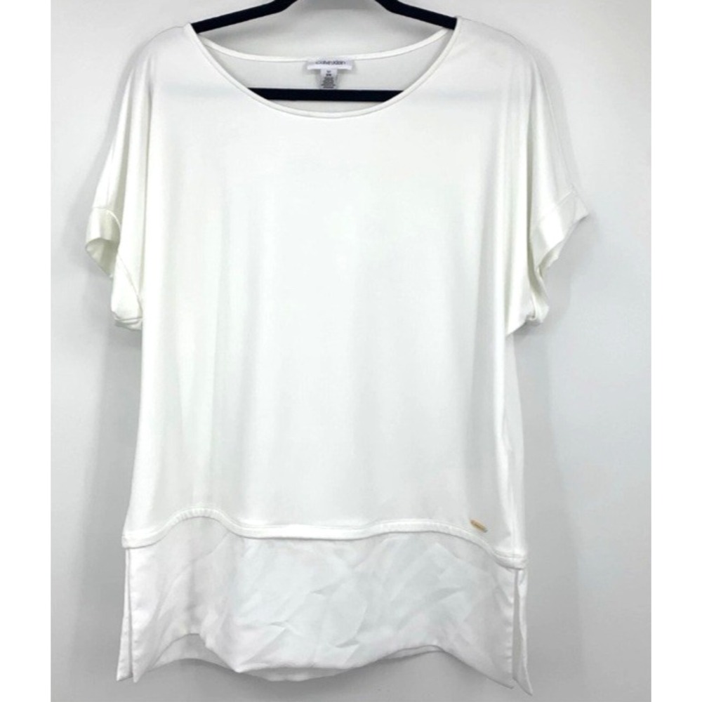 Calvin Klein Short Sleeve Tunic Blouse Roll Sleeve Side‎ Slit Tiered Womens XL